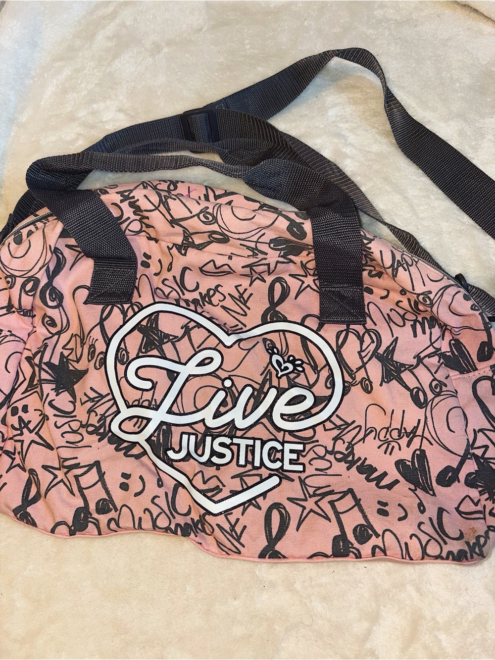 Justice Pink 'Live' Graphic Travel Duffle Bag